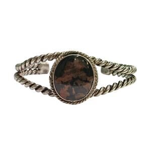 1940s Navajo Petrified Wood Bracelet Twisted Silver Rope Bands